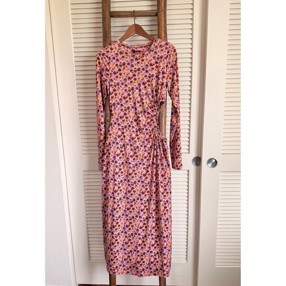 AFRM‎ Zadie Side Cutout Ruched Floral Midi Dress Orange Pink M